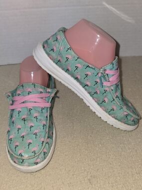 Hey Dude Women's Casual Flamingo Print Sneakers in Mint and Pink size 6/37 EUR